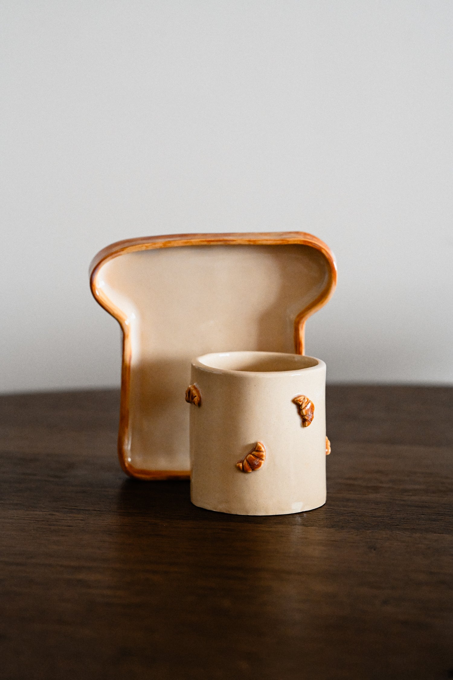 toast bread ceramic plate and croissant mug