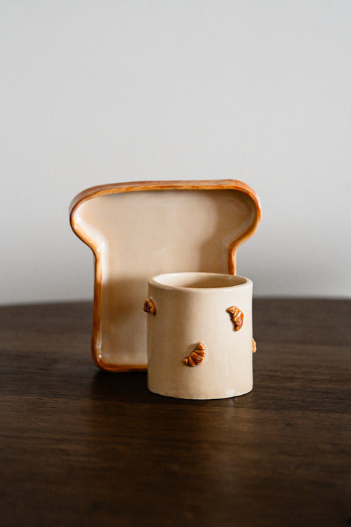 toast bread ceramic plate and croissant mug