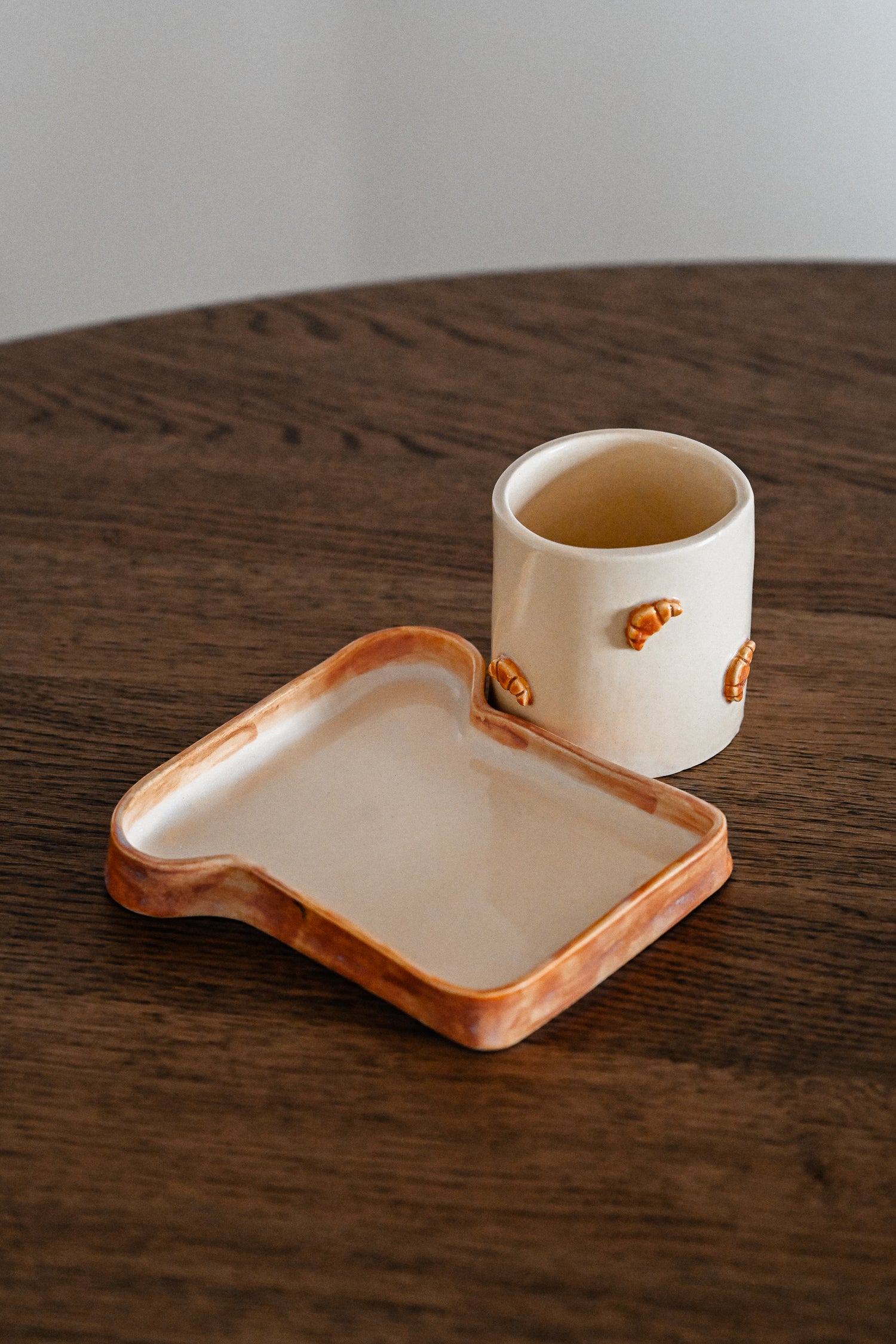 toast bread ceramic plate and croissant mug